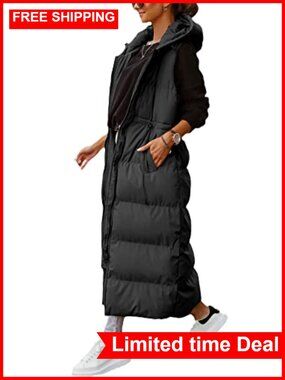 Women's Long Quilted Hooded Puffer Vest Sleeveless Winter Coat
